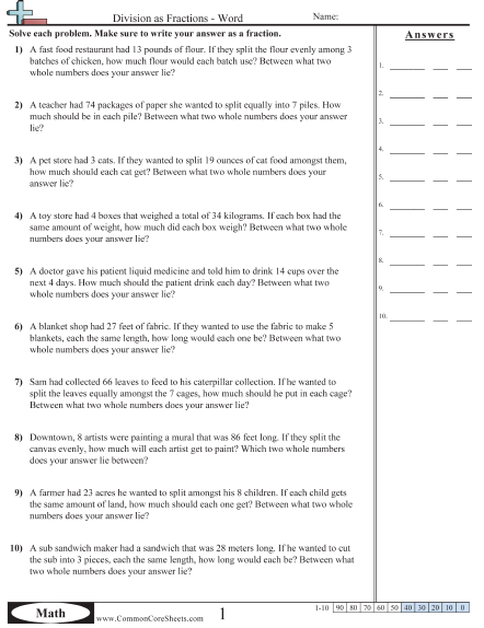 5.nf.3 Worksheets - Division as Fractions - Word  worksheet